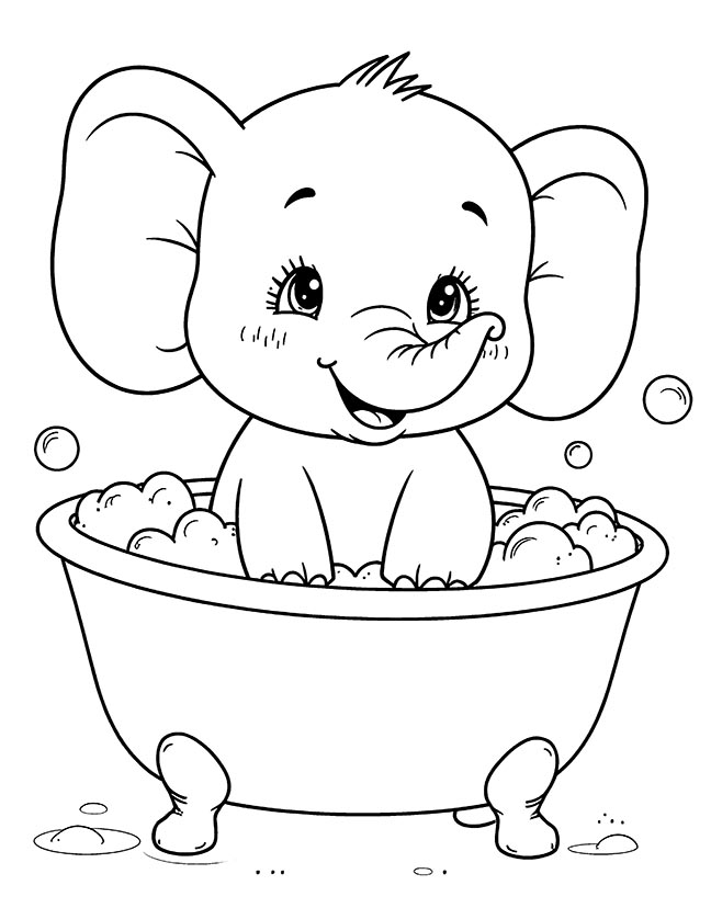 Baby elephant bathing in a tub coloring page